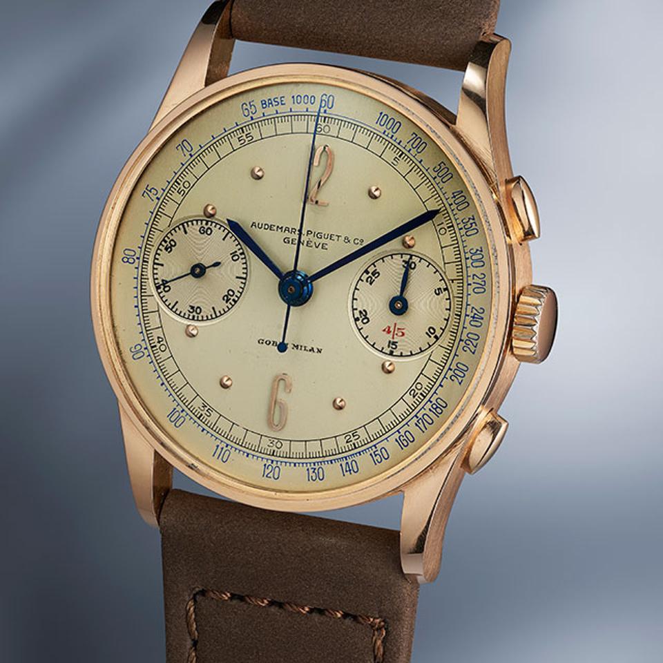 An extremely rare pink gold Audemars Piguet chronograph made in 1939 and co-signed/retailed by Gobbi of Milan.