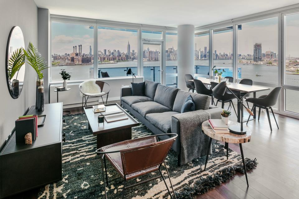 A view of the Manhattan skyline over the East River from an apartment.