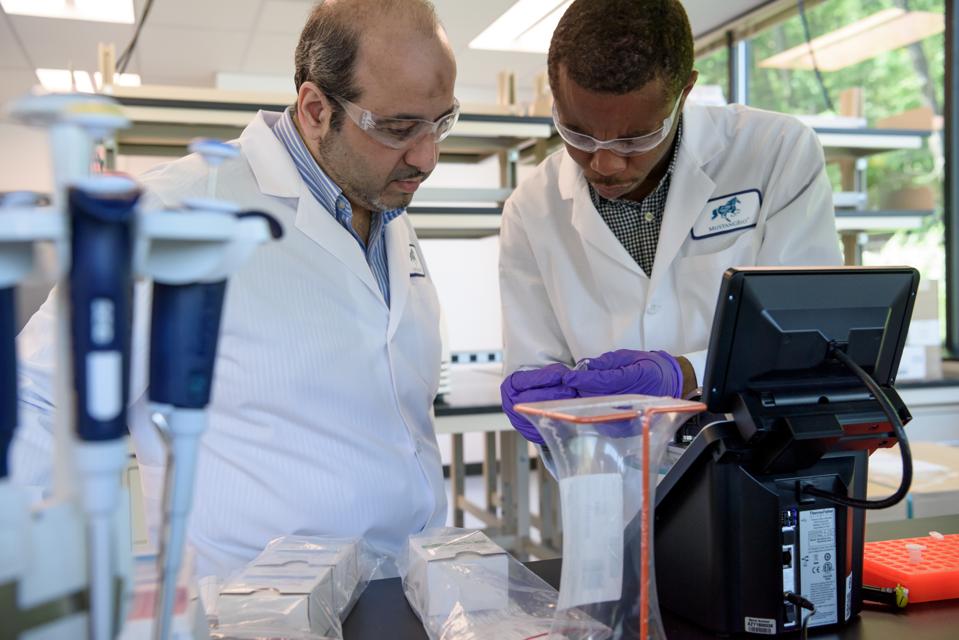 Mustang Bio Lab Manager Mohammed Ridha (left) and Analytical Development Scientist Kennedy Okechukwu (right).