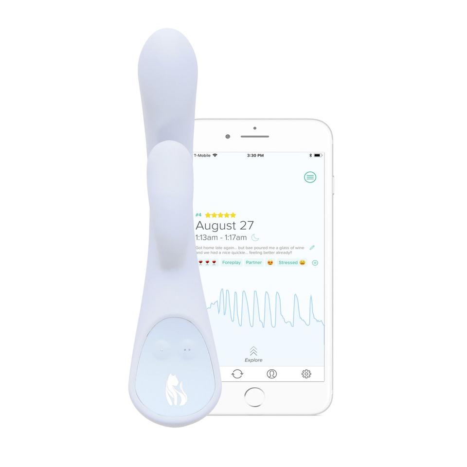 Cut out shot of the Lioness vibrator with the connecting app open on a smartphone