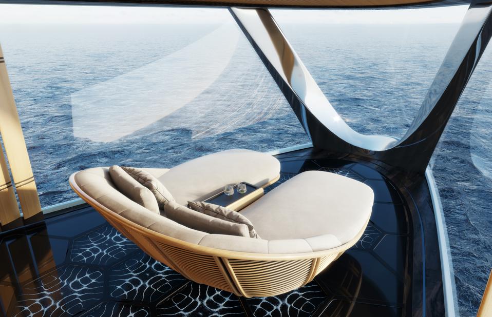 The observation area in the owners pavilion of the 367-foot-long hydrogen-powered superyacht Aqua
