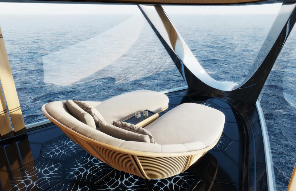 The observation area in the owners pavilion of the 367-foot-long hydrogen-powered superyacht Aqua 