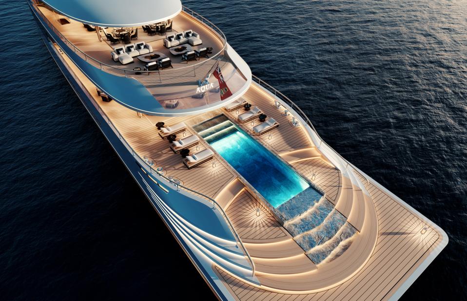 The aft decks aboard the 367-foot-long hydrogen-powered superyacht Aqua