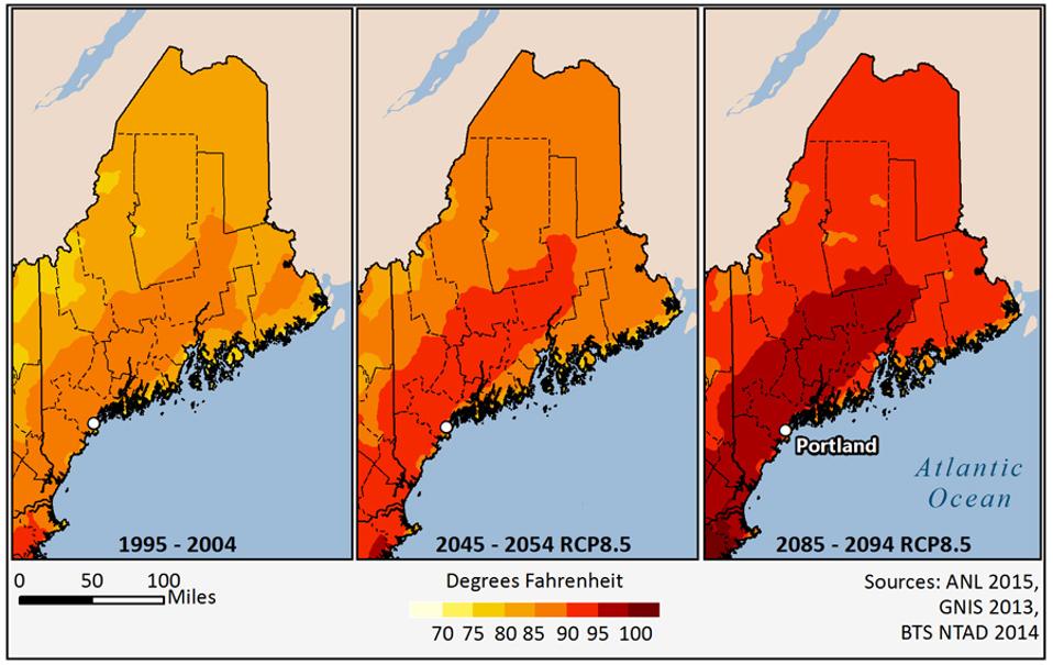 Projected temperature increases in Portland, Maine.