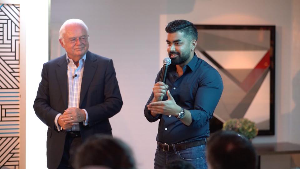 Tej speaking at the event at The Club at The Ivy.