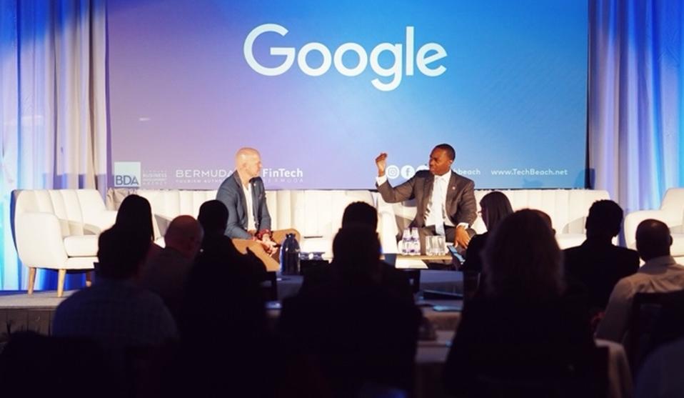 Bermuda Premier Hon. E David Burt with John Koetsier on-stage at TechBeach Retreat in Hamilton, Bermuda.