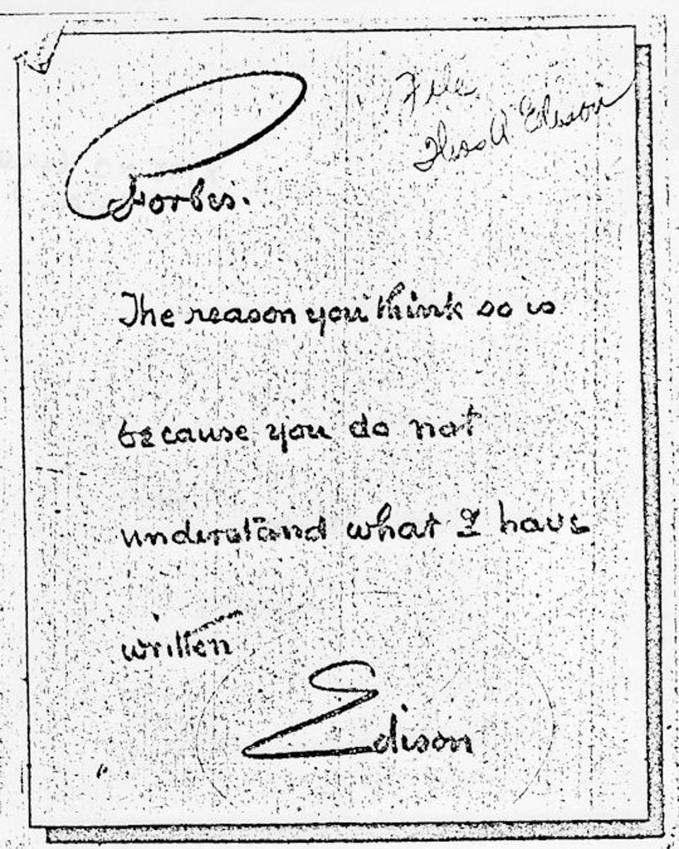 A handwritten note from Thomas Edison to B.C. Forbes dated September 10, 1920.