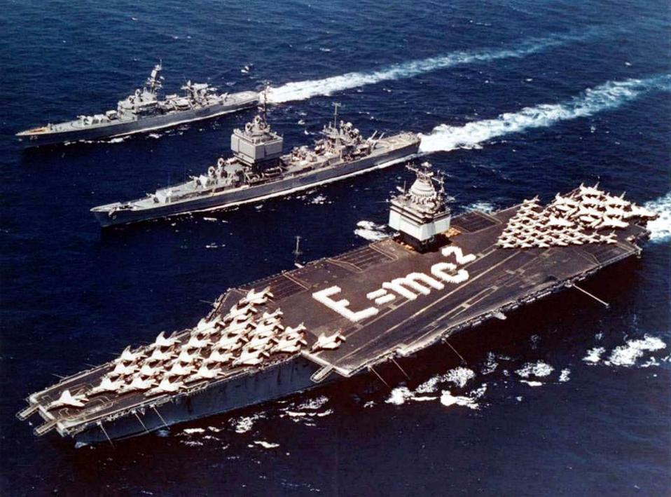 The USS Enterprise with Einstein’s mass-energy equivalence on its flight deck