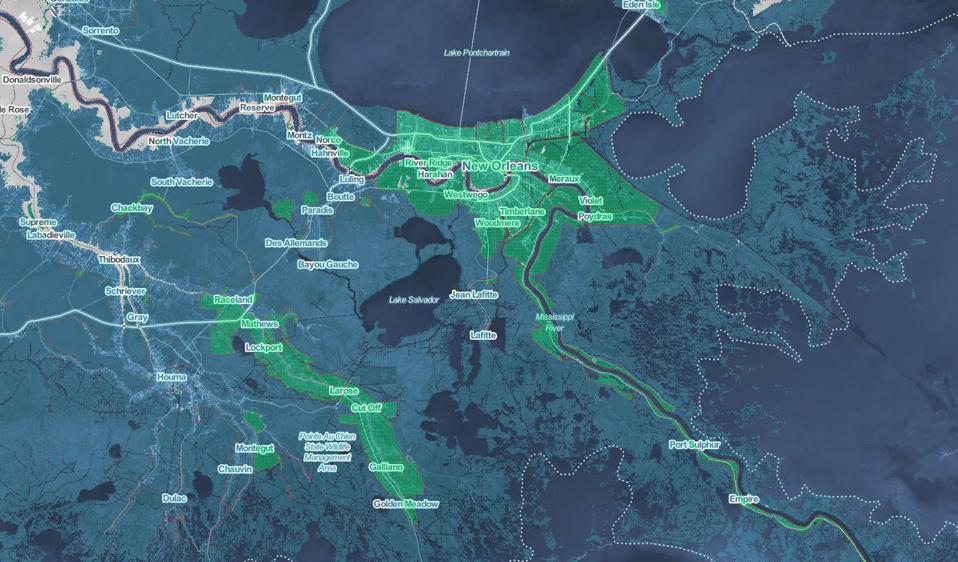 New Orleans underwater, Areas below water level, but not connected to the ocean, due to natural or built breaks such as levees as indicated in green.