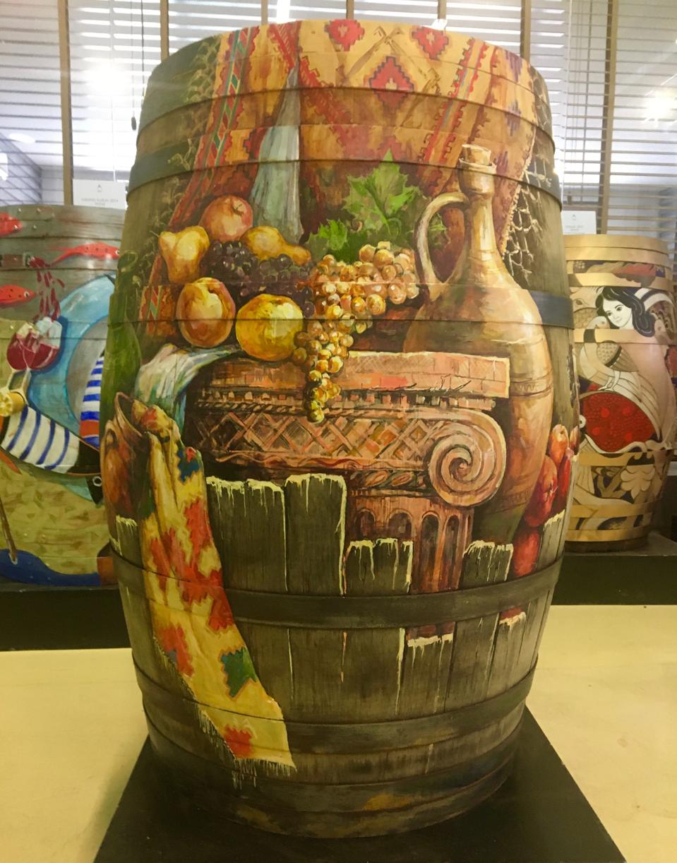 Decorated oak barrels at Karas Winery