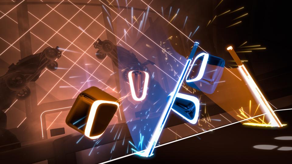 Beat Saber is a VR rhythm slasher Screen capture from within a Monstercat x Rocket League Beat Saber pack