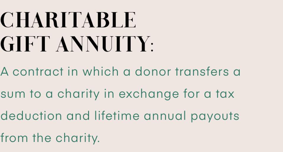 Charitable Gift Annuity: A contract in which a donor transfers a sum to a charity in exchange for a tax deduction and lifetime annual payouts from the charity.