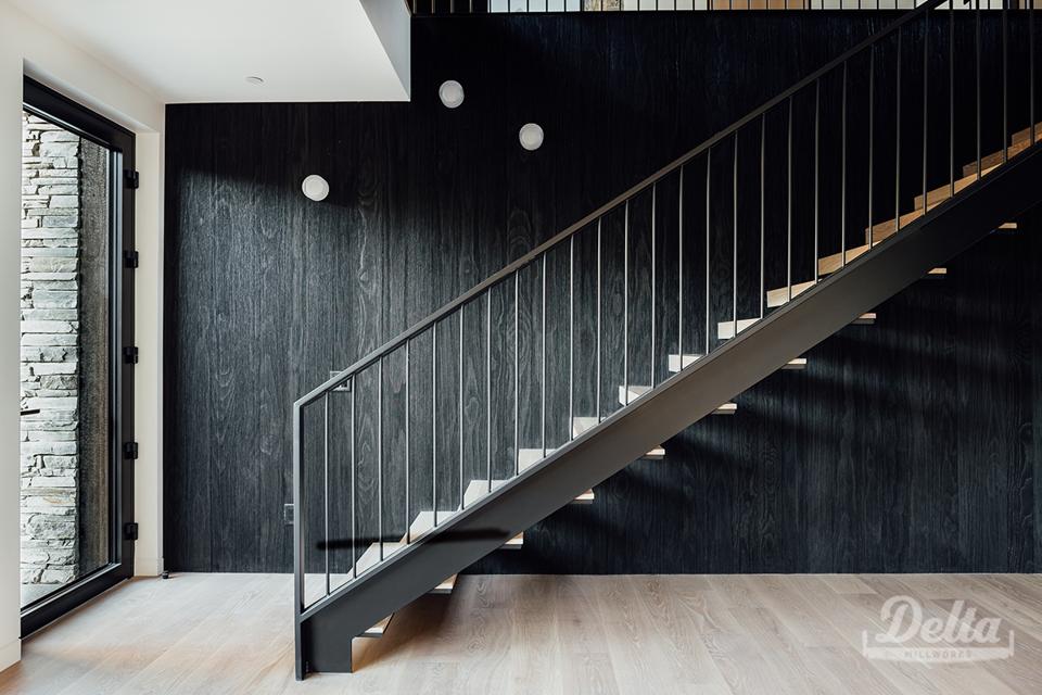 This Passive House in Park City Utah has accoya shou sugi ban barn wood, Delta black on the wall.