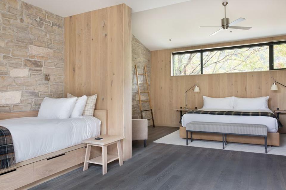 The flooring in this Texas lodge are shou sugi ban white oak.