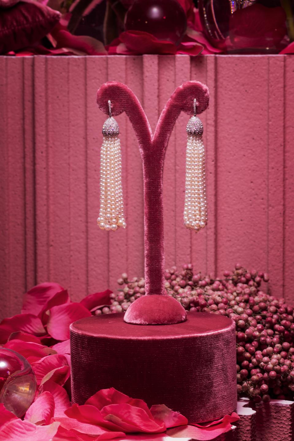 Diamond dome and pearl tassel earrings by Geneva-based Margaret Jewels exude luxury style