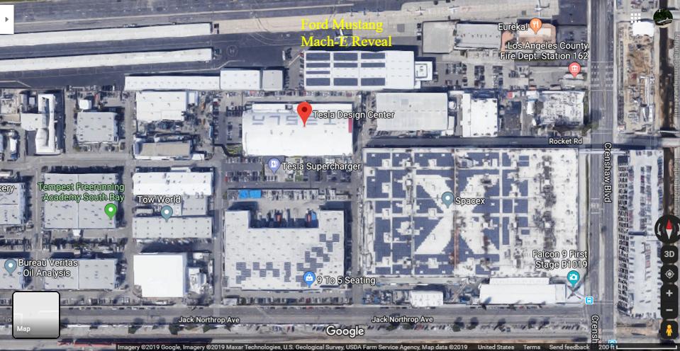 The Ford Mustang Mach-E was revealed in a building right next to the Tesla Design Center