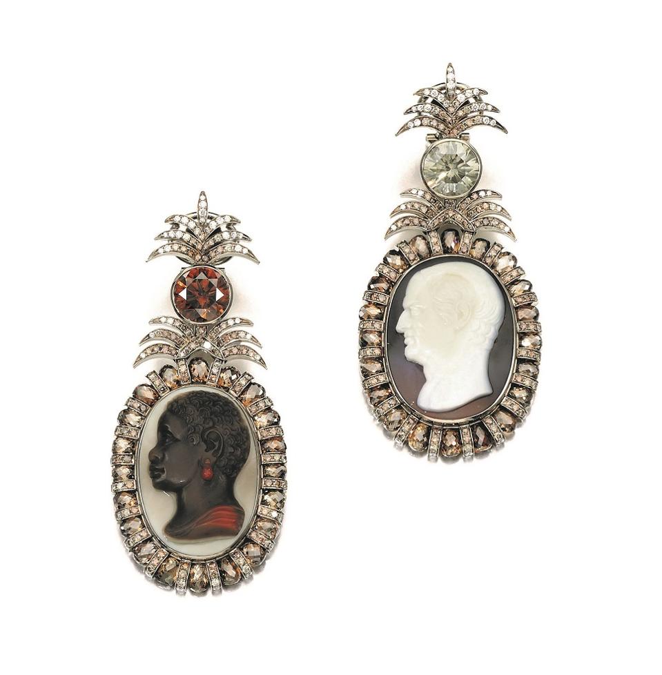 Pair of cameo and diamond earrings by Hemmerle