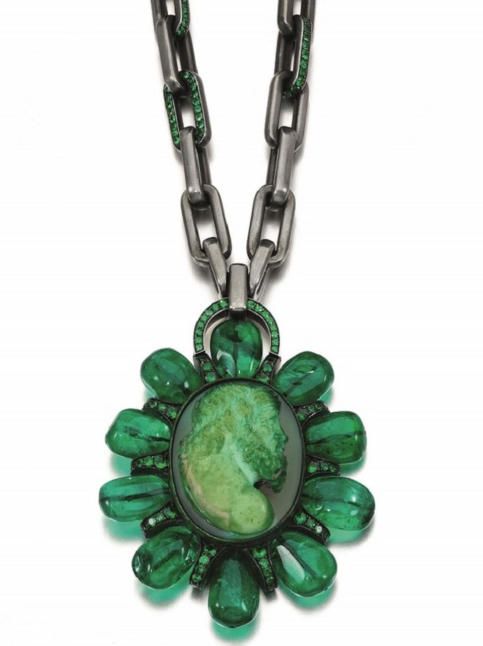 Emerald, hardstone cameo and tsavorite garnet pendant necklace by Hemmerle