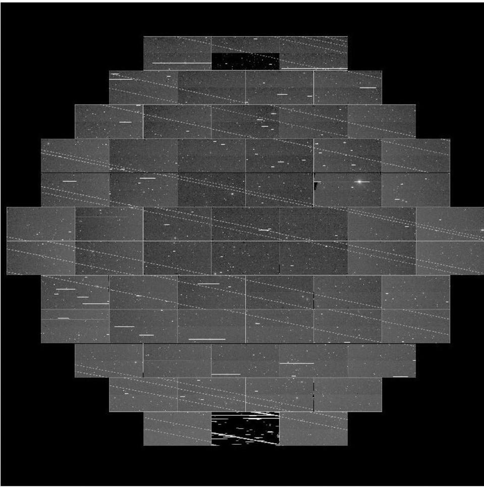 Starlink satellites in the observing frame of the Dark Energy Camera at CTIO.