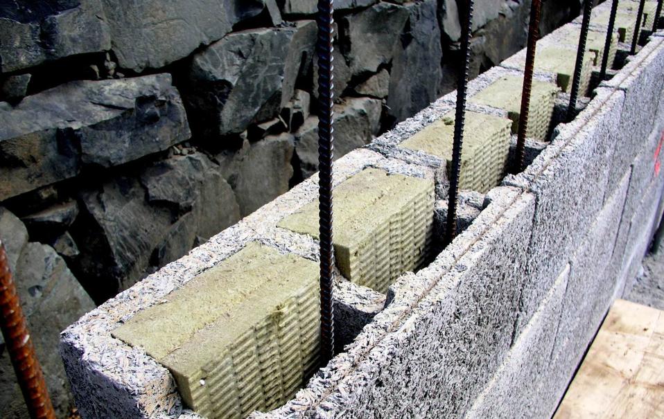 This is a Durisol Wall before the concrete is poured. These blocks consist of recycled waste wood bonded with cement.