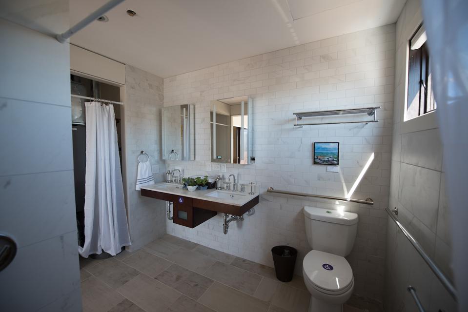 This Universally Designed bathroom with a barrier free shower was in the Solar Decathlon house designed and built by the students and faculty of Northwestern University.
