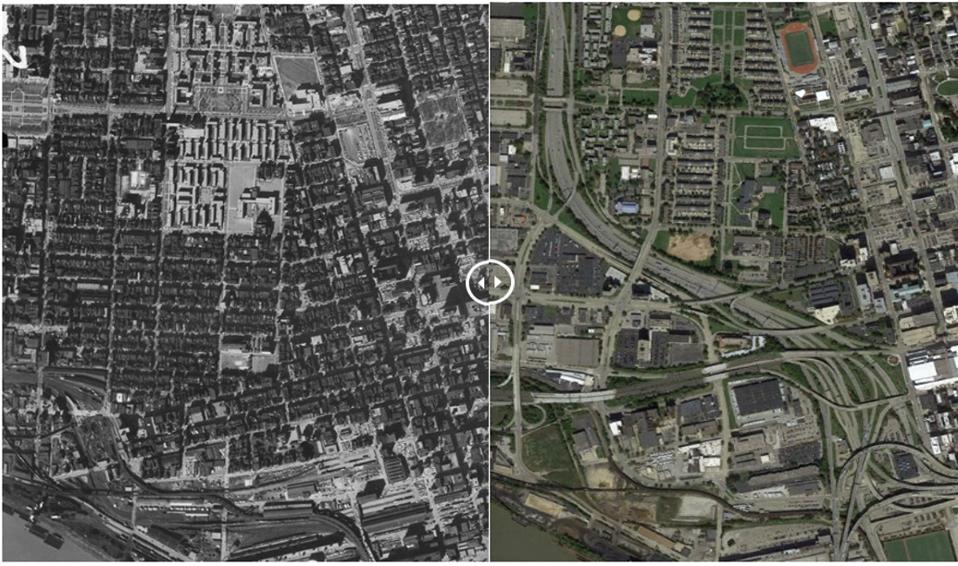 Downtown Cincinatti before and after highway construction. Notice the massive density and walkability loss.