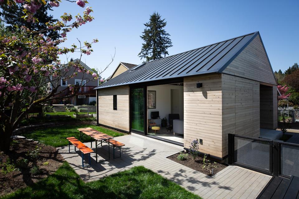 A 624 square foot Accessory Dwelling Unit in Portland, Ore. It includes a patio and small picnic table.