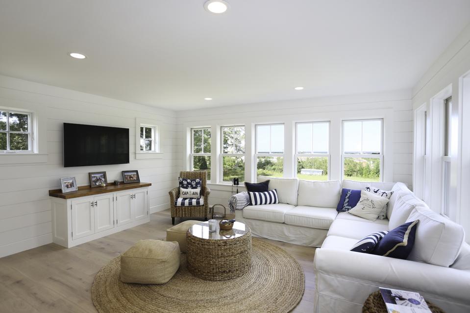 This Oak Bluffs living room has engineered wood flooring.