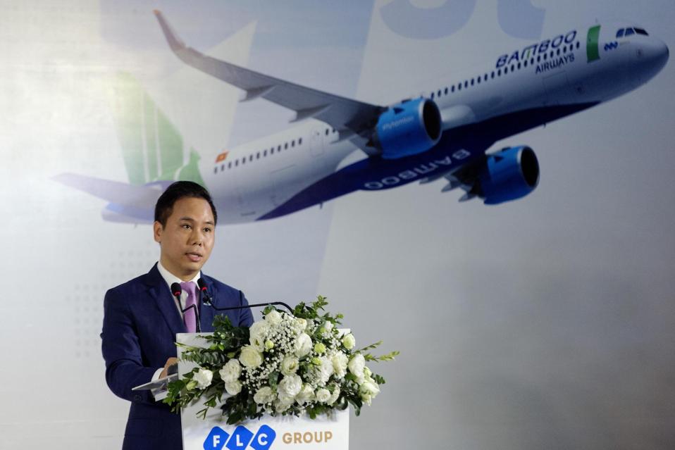Dang Tat Thang, CEO of Bamboo Airways, speaks during a ceremony