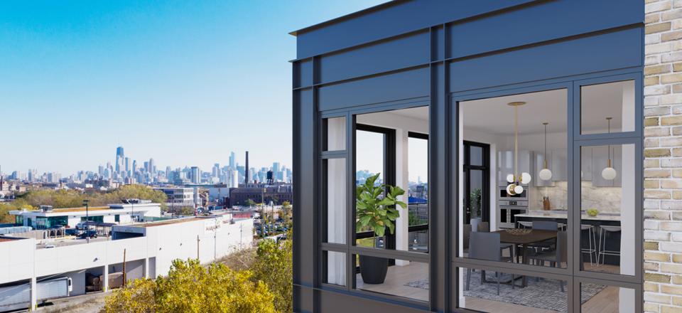 For the new Triangle Square in Chicago's East Bucktown neighborhood, developers Belgravia Group referenced the area’s industrial past by choosing brick and black trim on the windows and balconies.