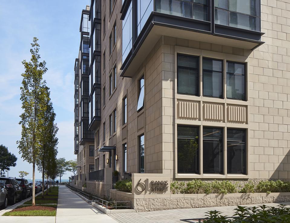 Brick and dark-trimmed exterior of Chicago's new 61 Banks Street.