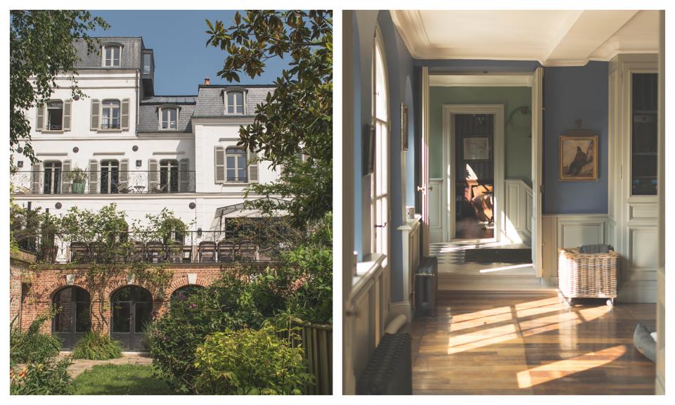 The large house in its garden (left) and its airy rooms filled with sunshine (right).