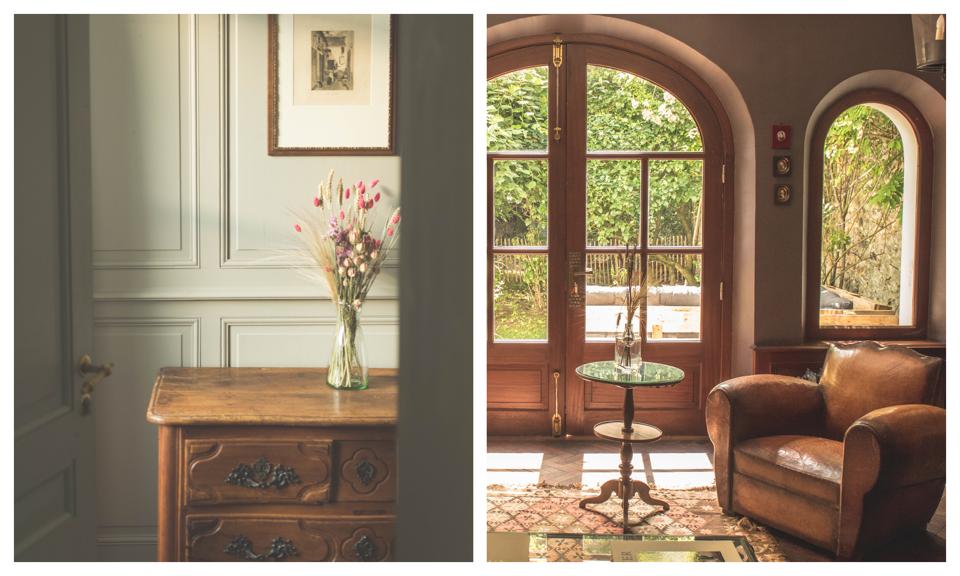 Antique chest with dried flowers (left). A nook of the living-room at Les Tilleuls (right).