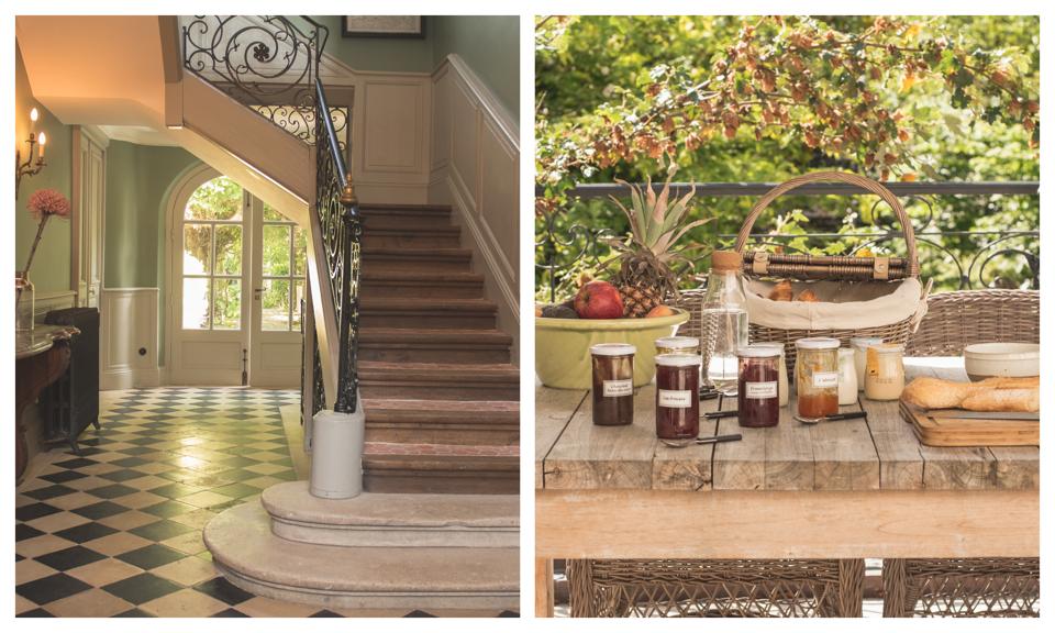 Les Tilleuls' hallway (left) and breakfast laid out on the garden table (right).