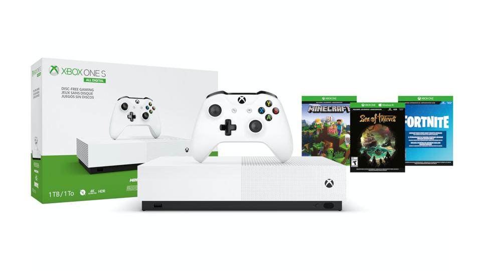 Xbox One S All-Digital avec ses jeux sur fond blanc.