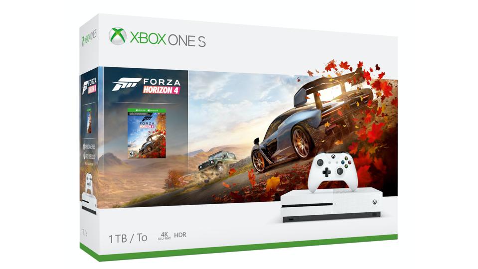 Microsoft Xbox One S avec Forza: Horizon sur fond blanc.