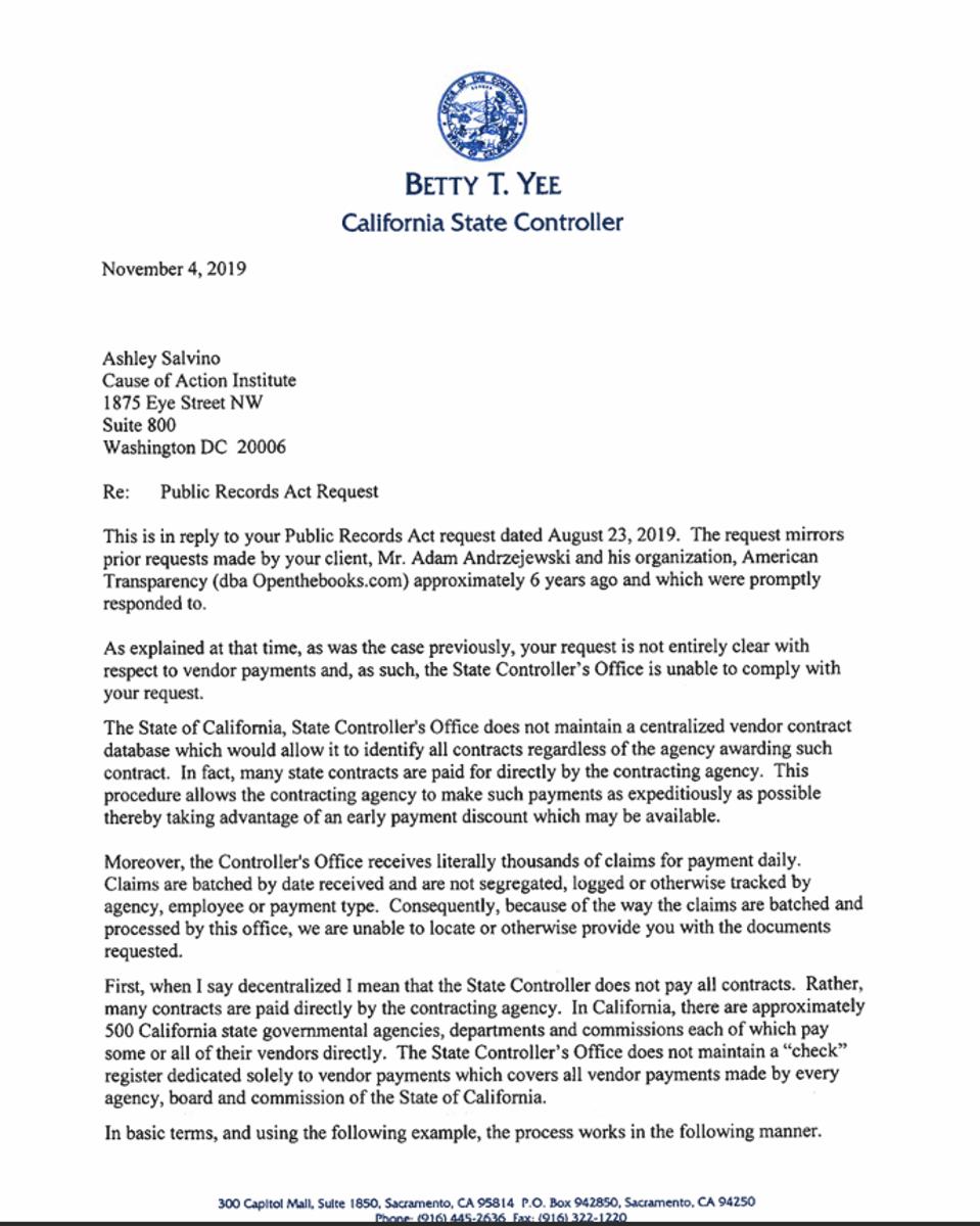 Response from Betty Yee as of November 4, 2019