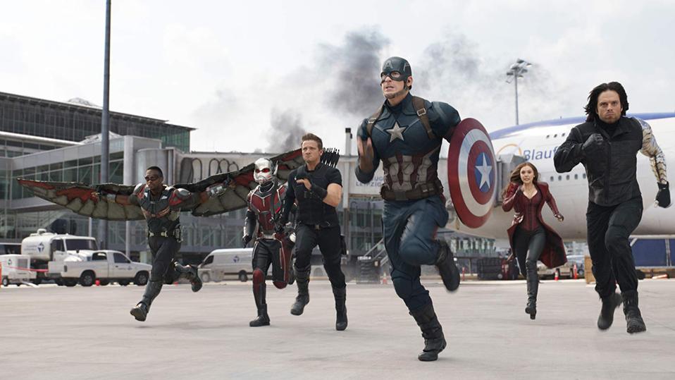 Chris Evans, Elizabeth Olsen, Jeremy Renner, Paul Rudd, Anthony Mackie, and Sebastian Stan in 'Captain America Civil War'