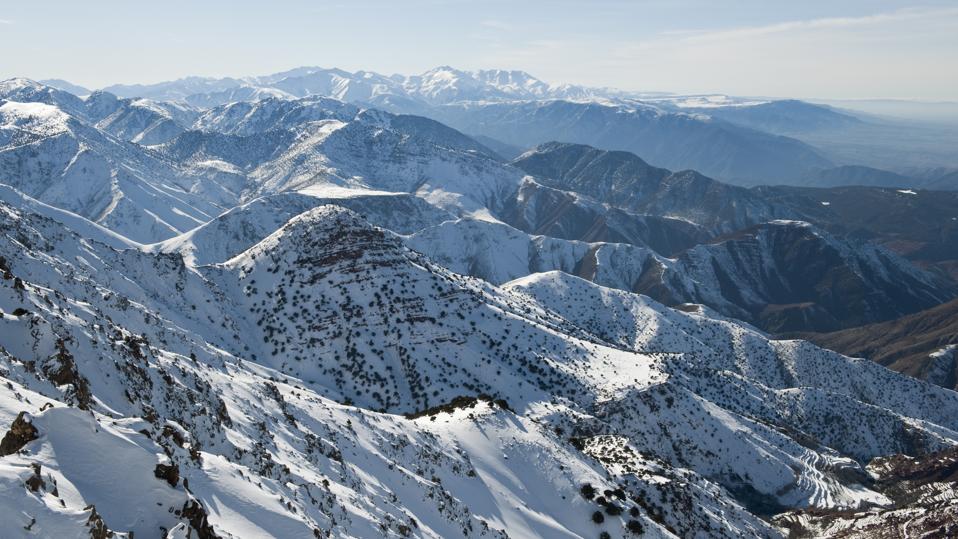 Snow-covered mountains from Oukaimeden ski resort in the Atlas mountains.