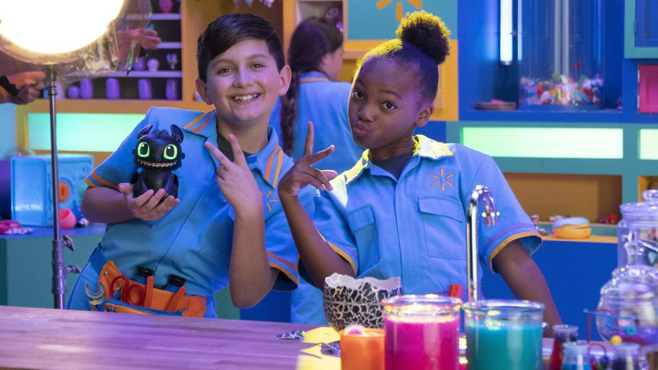 Two child actors filming a video for a Walmart Toy Lab interactive video