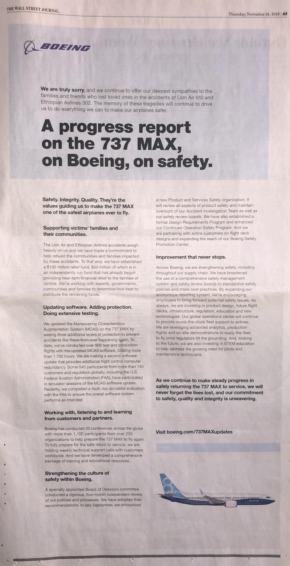 Boeing advertisement in The Wall Street Journal last November.