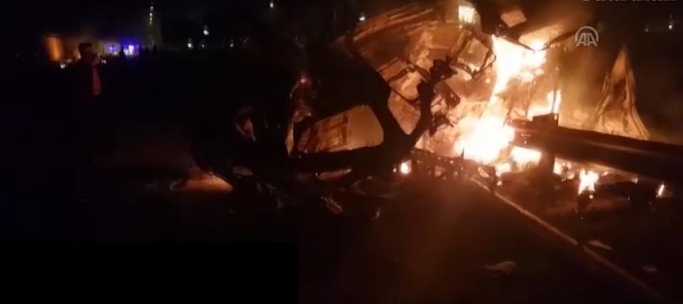 Flaming wreckage of convoy carrying Iranian Gen. Qasem Solemaini after U.S. drone strike.