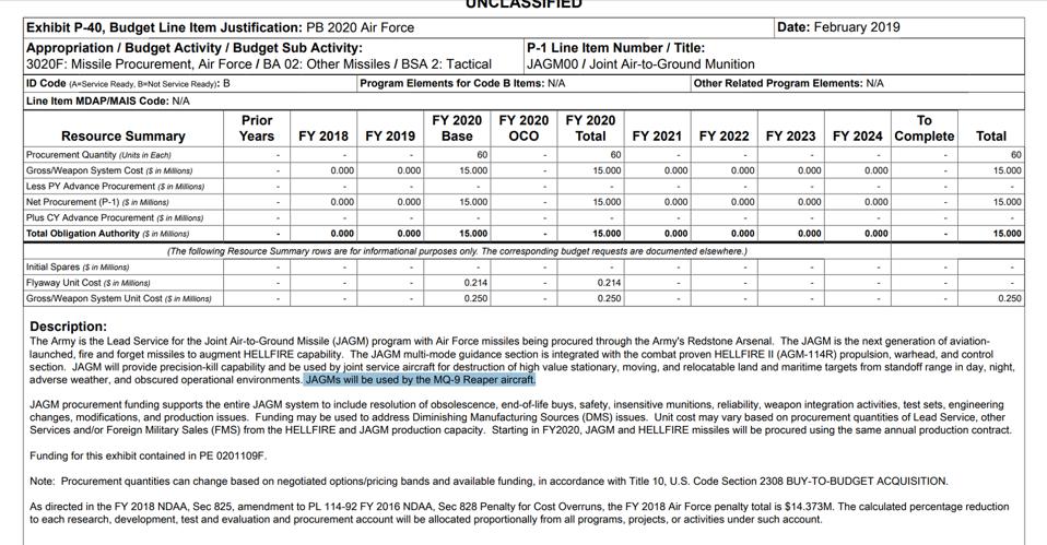 Budget document indicating Air Force is receiving 60 JAGM missiles for use on MQ-9