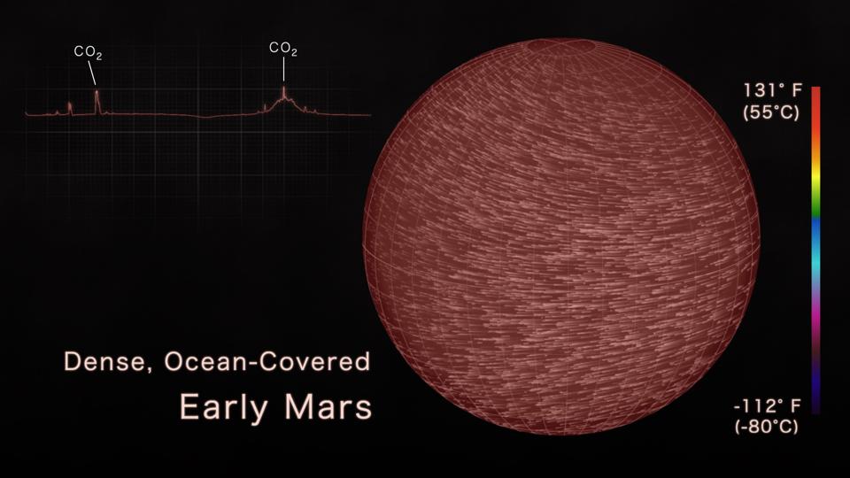 This simulation of TOI 700 d depicts an ocean-covered world with a dense, carbon-dioxide-dominated atmosphere similar to what scientists suspect surrounded Mars when it was young. The result is an environment where the temperature is almost uniformly hot everywhere on the planet.