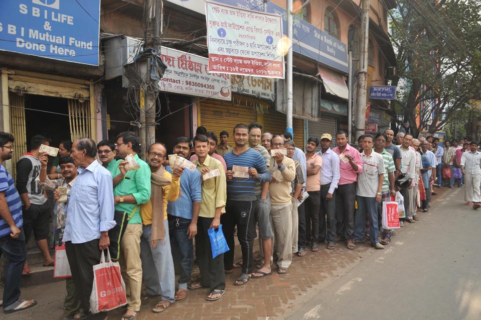 Customers form a long line.