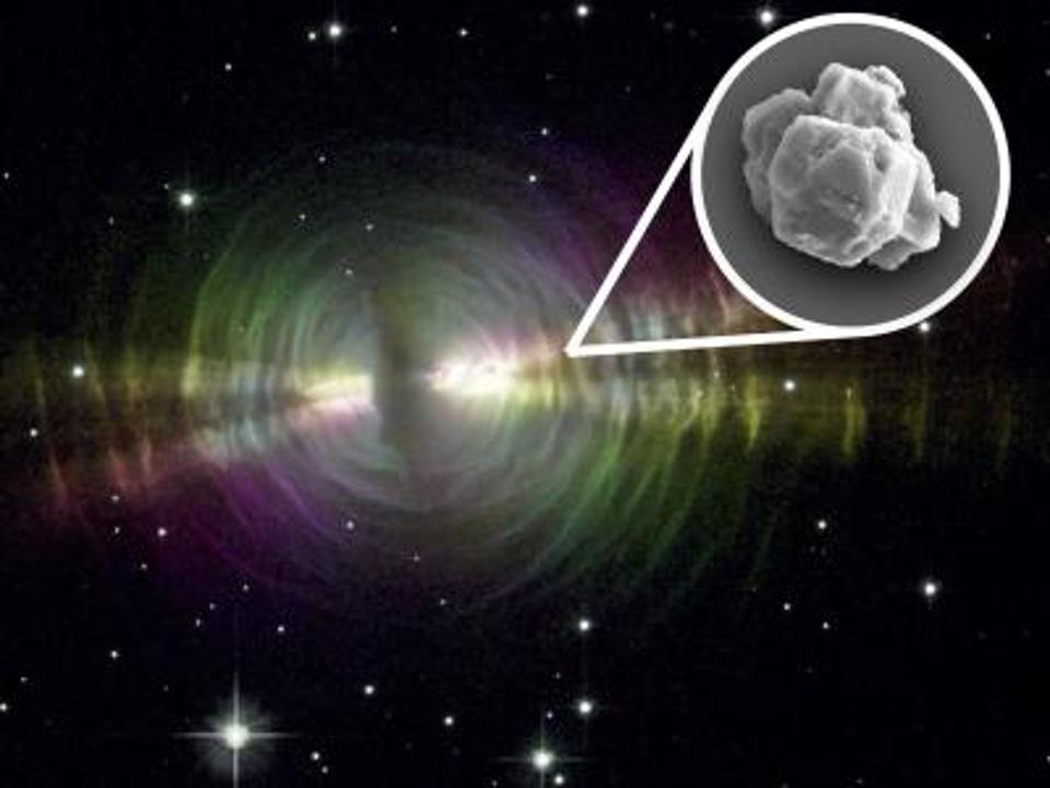 Dust-rich outflows of evolved stars similar to the pictured Egg Nebula are plausible sources of the large presolar silicon carbide grains found in meteorites like Murchison.