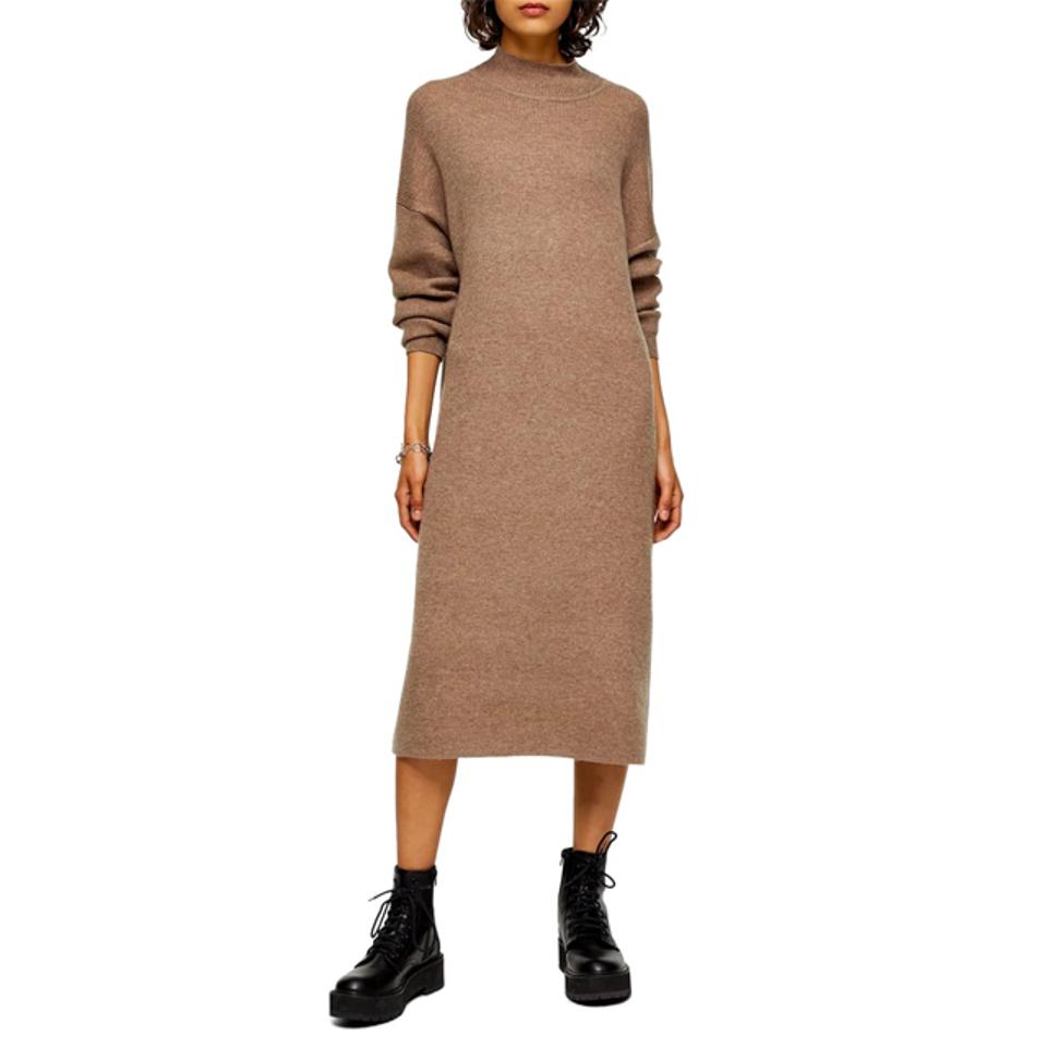 Topshop Ribbed Long Sleeve Funnel Neck Midi Sweater Dress
