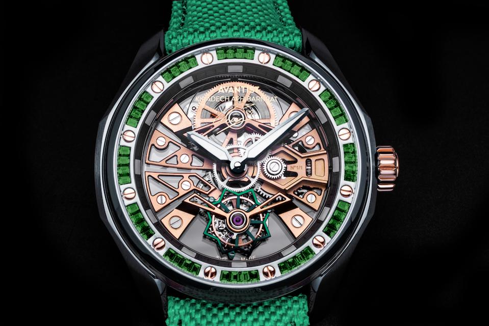 A front view of the Majesté Arm Edition Sapphire Tourbillon watch, featuring a floating skeleton tourbillon.