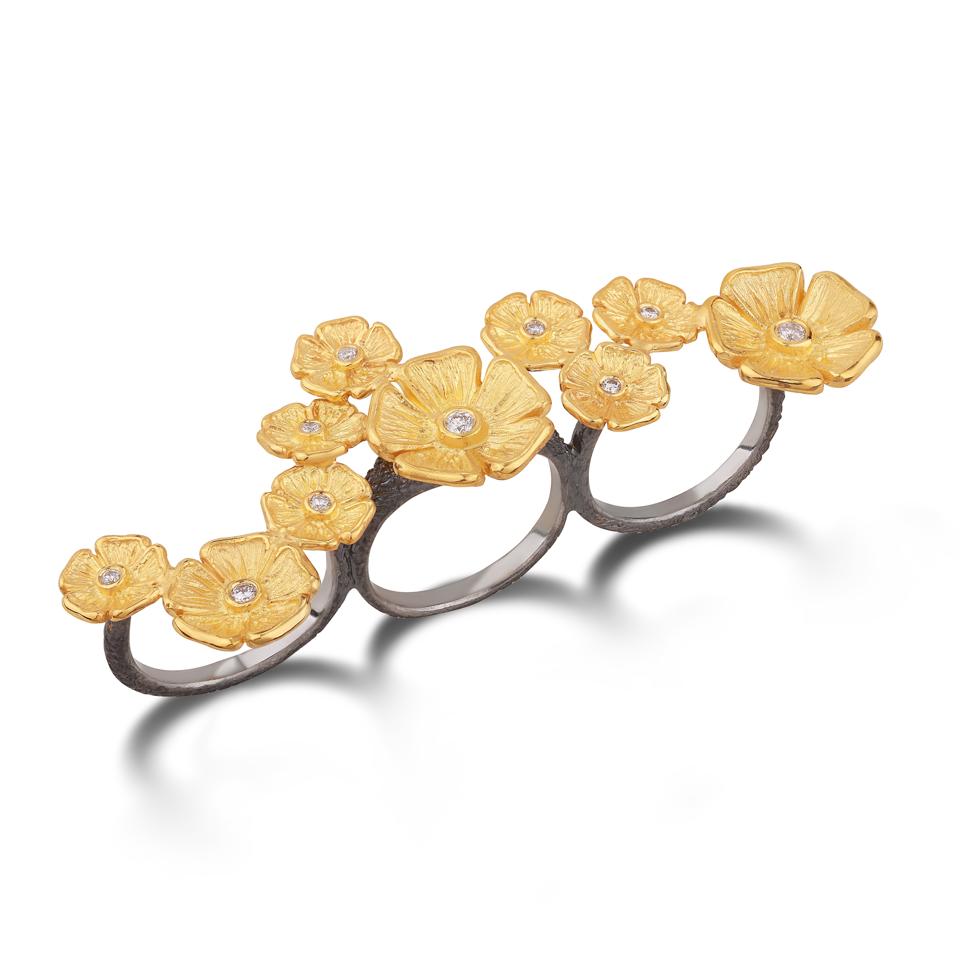 Stella Flame three finger flower ring made in Istanbul.