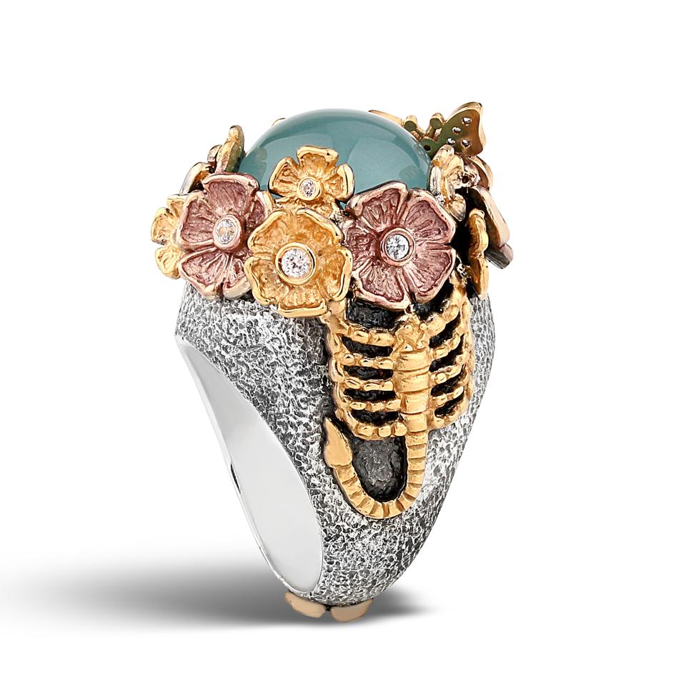Aquamarine scorpion ring with white sapphires by Stella Flame